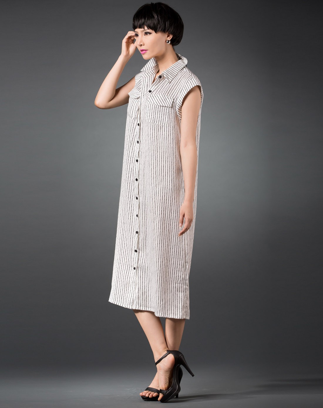 时尚条纹开襟式连衣裙