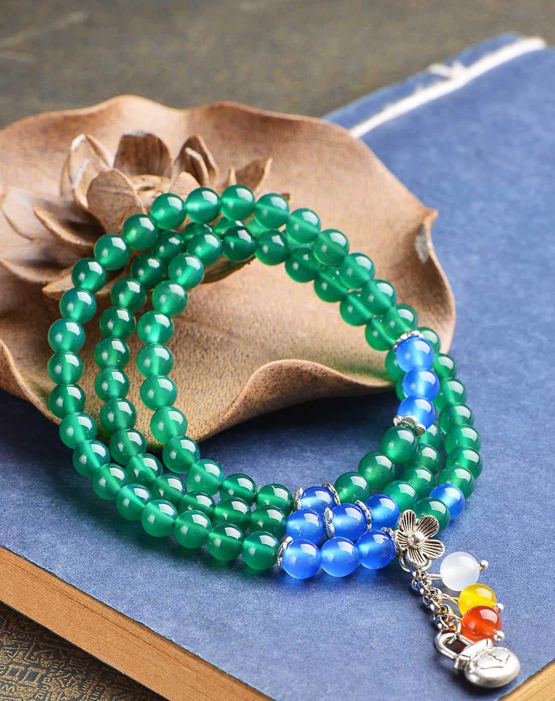 3a级绿玉髓加蓝玛瑙多圈手链附证书