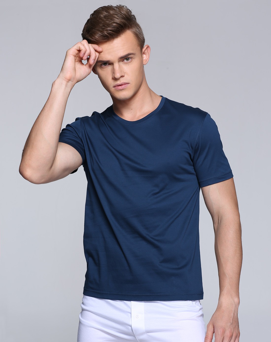 宝石蓝100%埃及海岛棉透气爽滑运动休闲圆领短袖