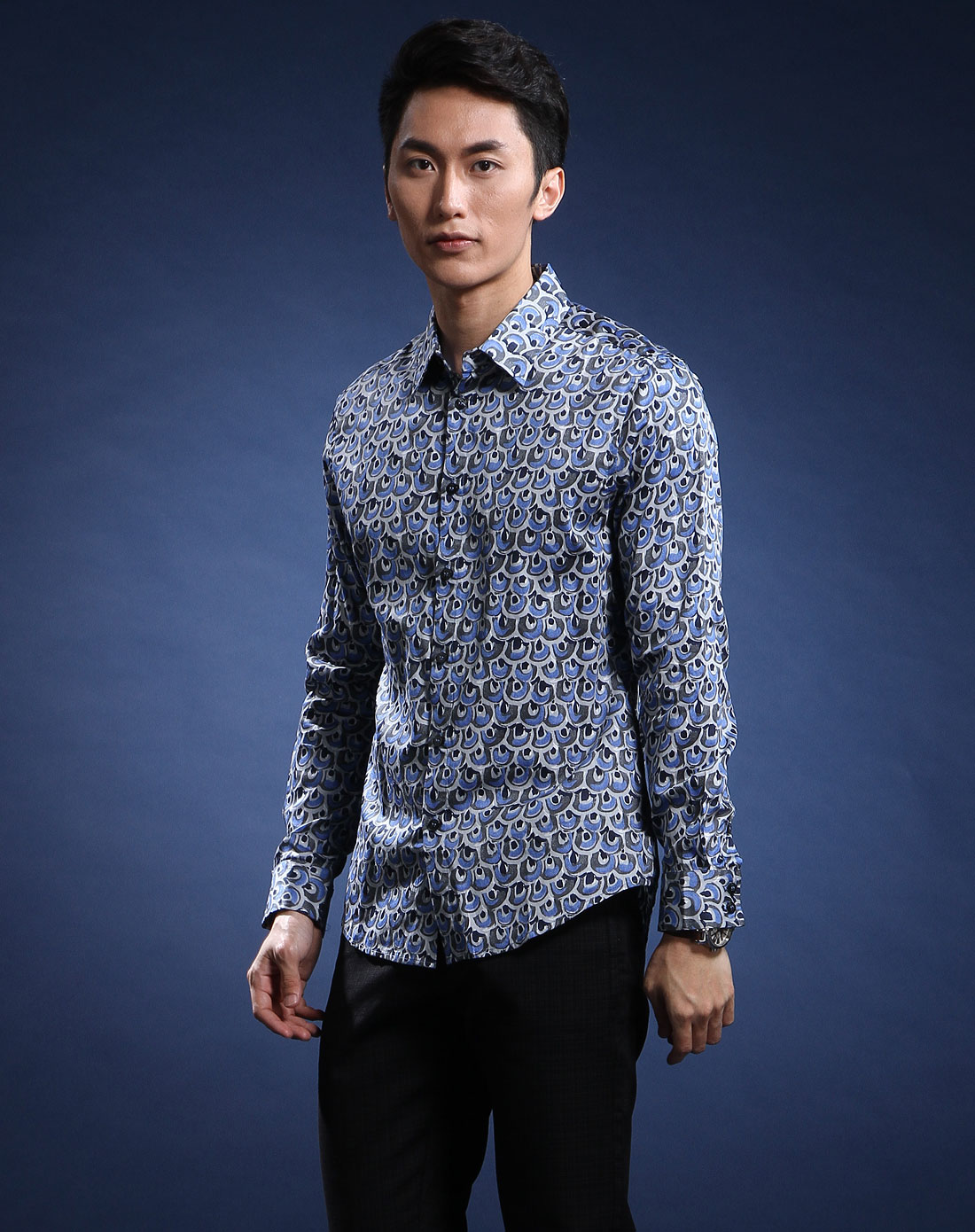 左岸zuoan男装专场-宝蓝色碎花时尚长袖衬衫