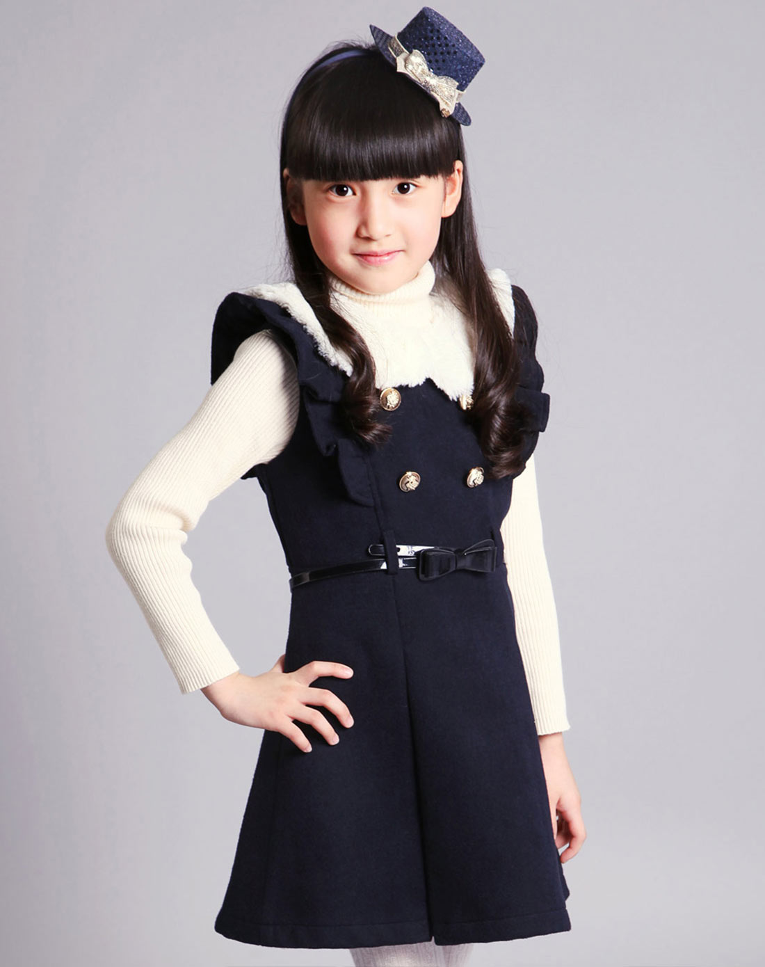 绿盒子旗下摩登小姐女童反季清仓专场女童藏青色连衣裙qd30607656