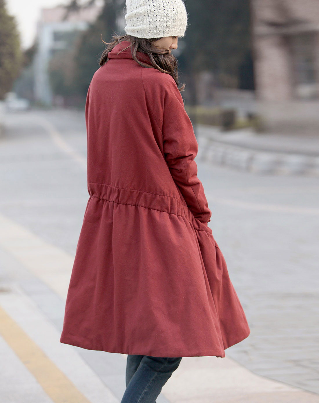 棕红色个性休闲长袖长款棉衣