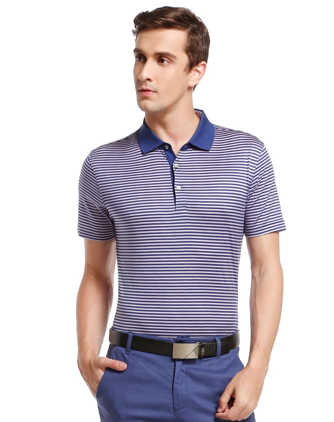 天然蚕丝海岛棉儒雅条纹短袖t恤