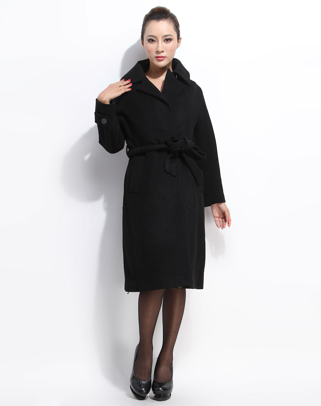 斯尔丽sierli.collection女装专场-黑色束腰长袖长款大衣