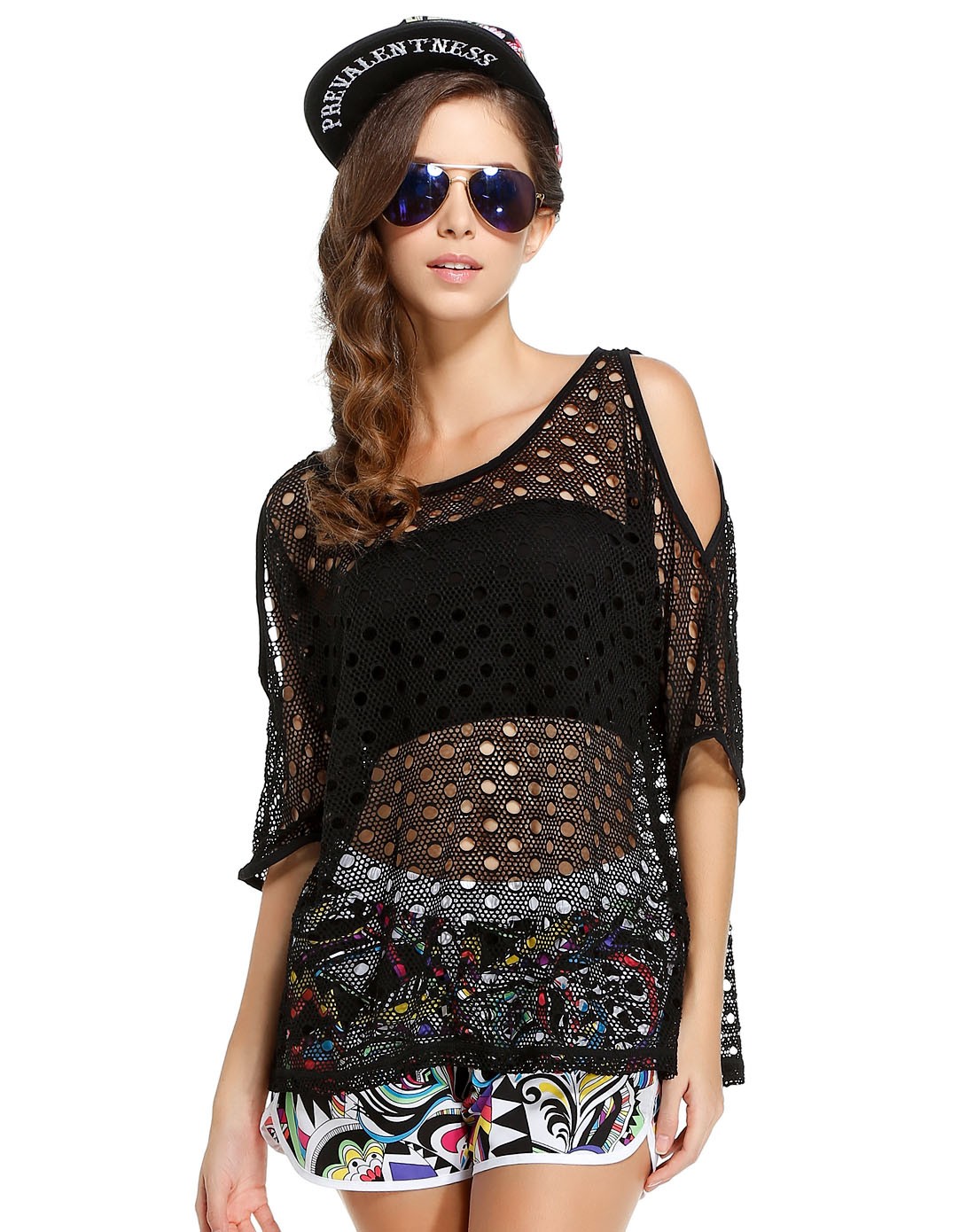 imi's女款黑色网眼沙滩装网眼上衣