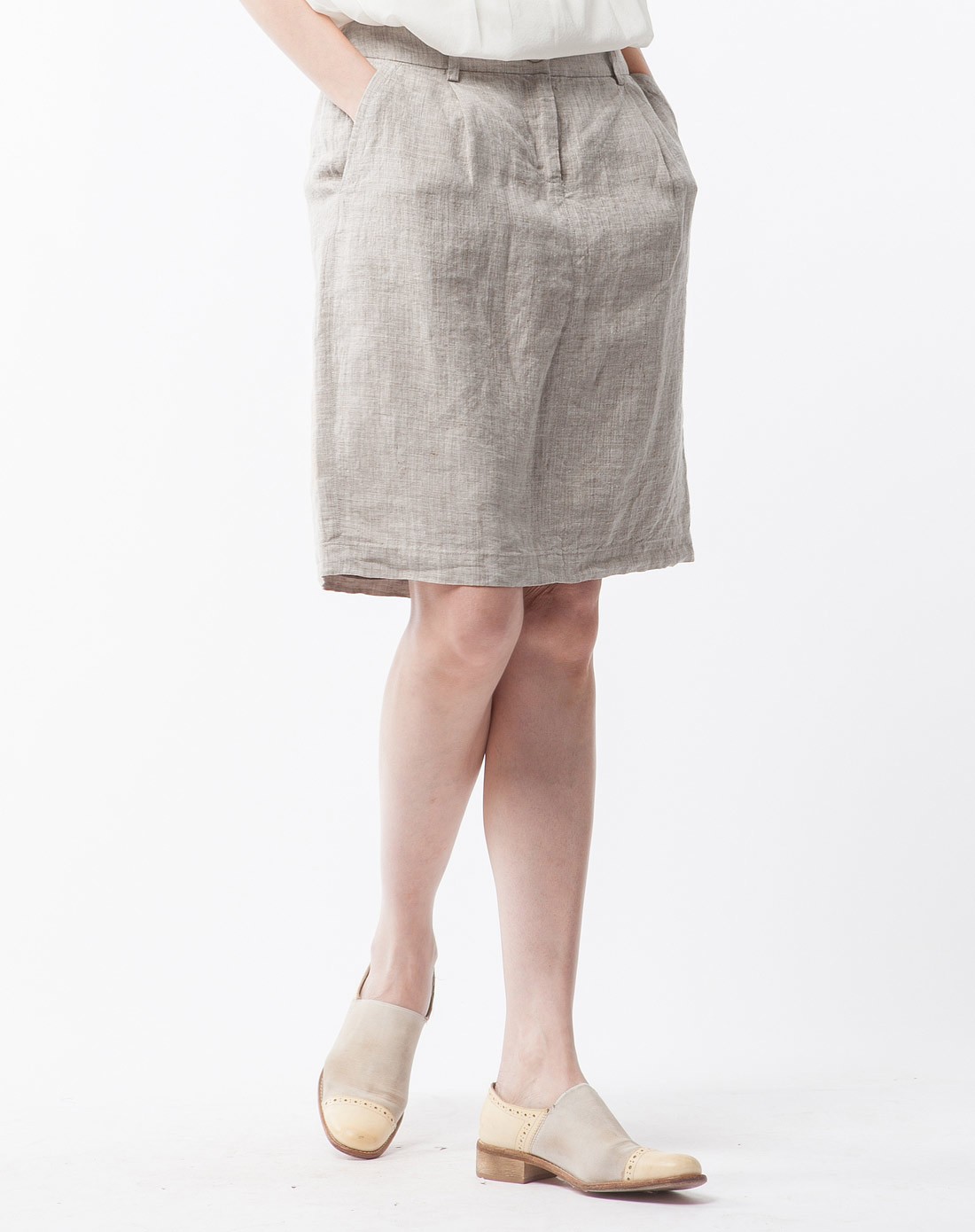 筒形亚麻过膝半裙
