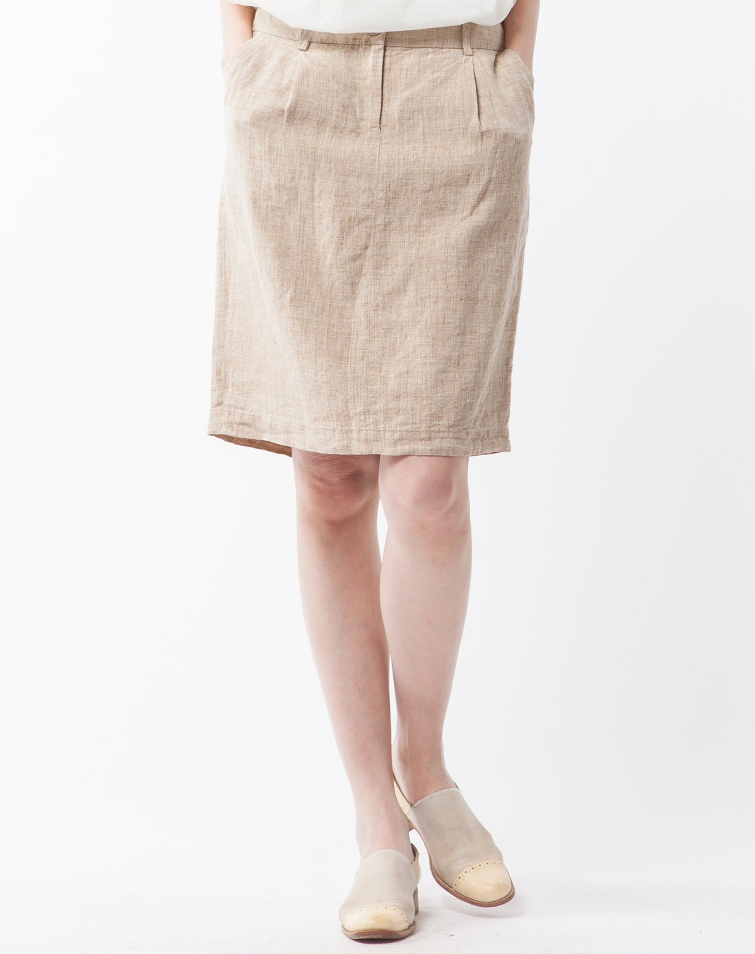 筒形亚麻过膝半裙