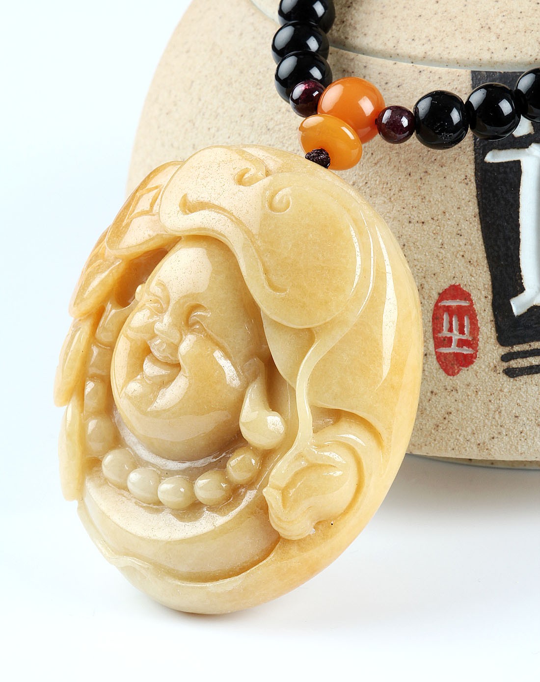 糯种黄翡巧雕弥勒佛公天然a货翡翠手把件