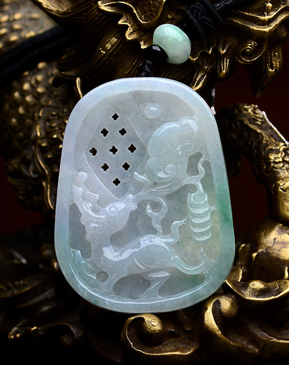 天然a货翡翠冰糯种俏色大气福禄寿吊坠