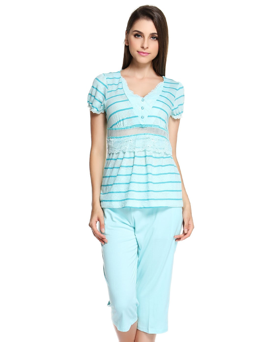 秋鹿女款翠兰色简约印花套装