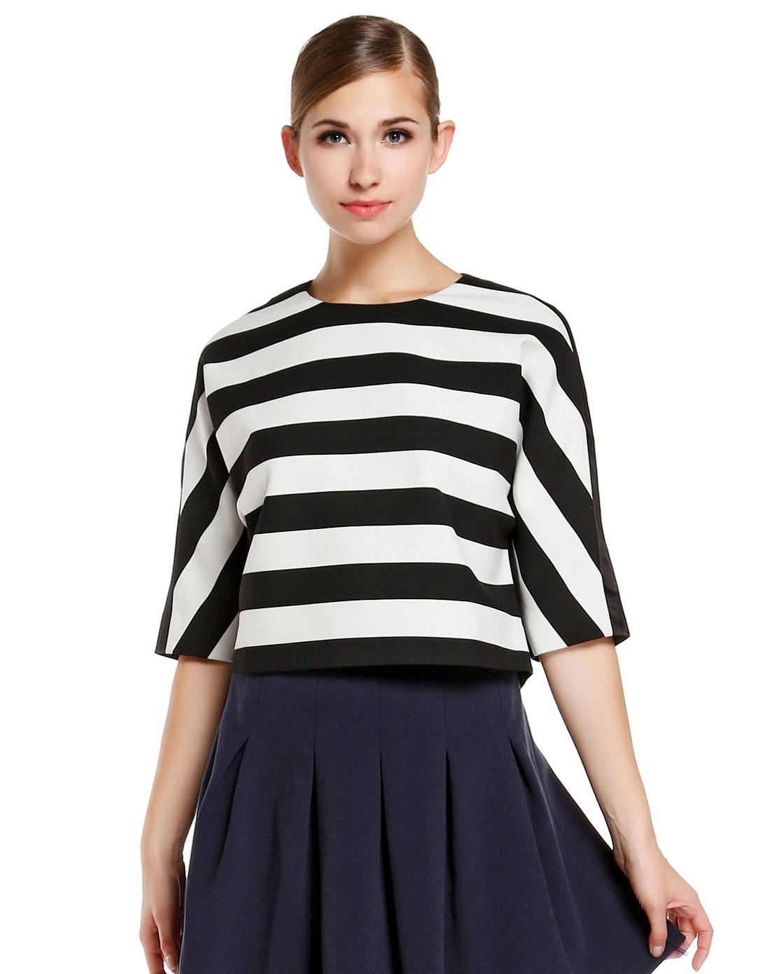 黑/白色时尚间纹六分袖上衣