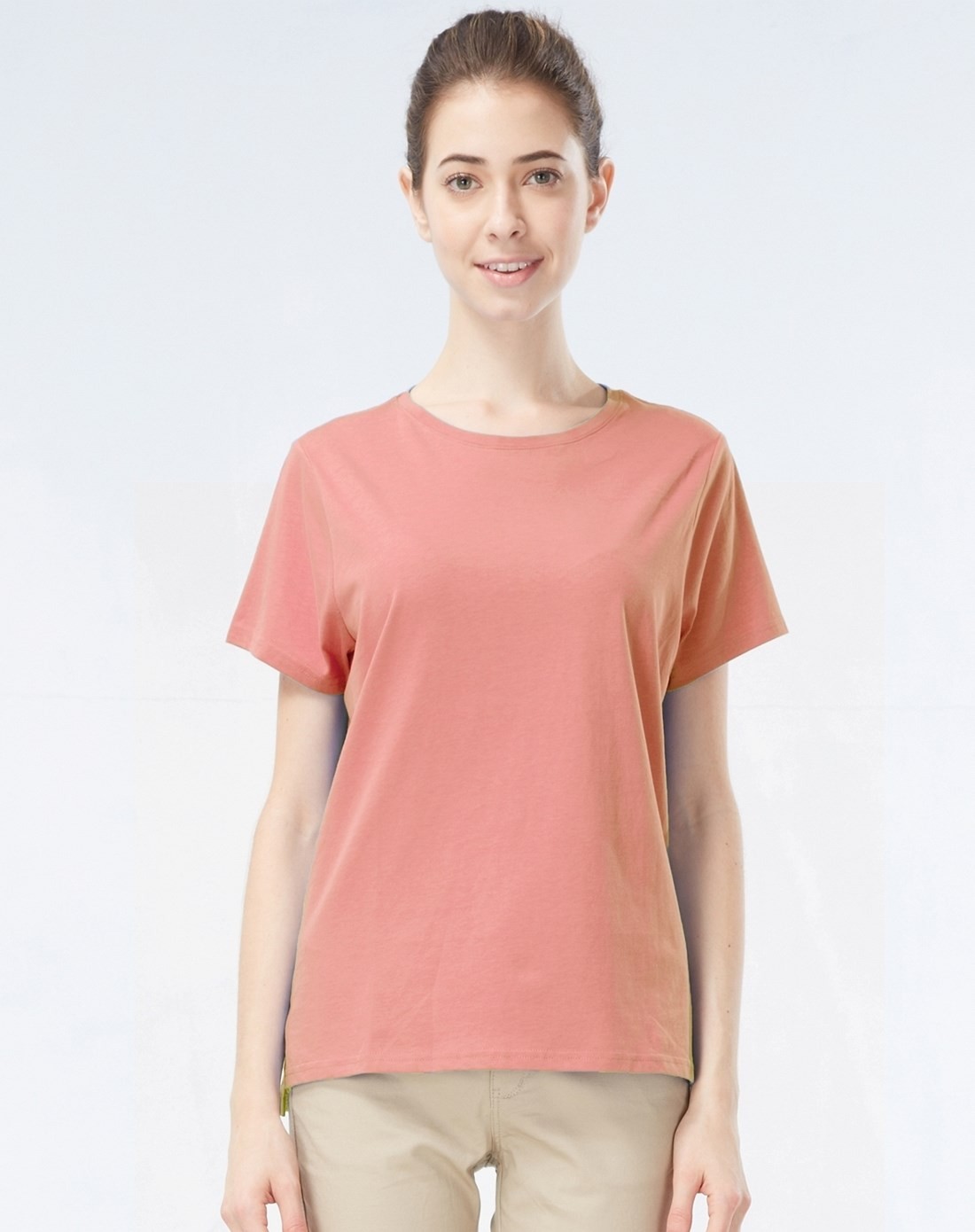 虾粉红色清新彩色反袖圆领短袖t恤