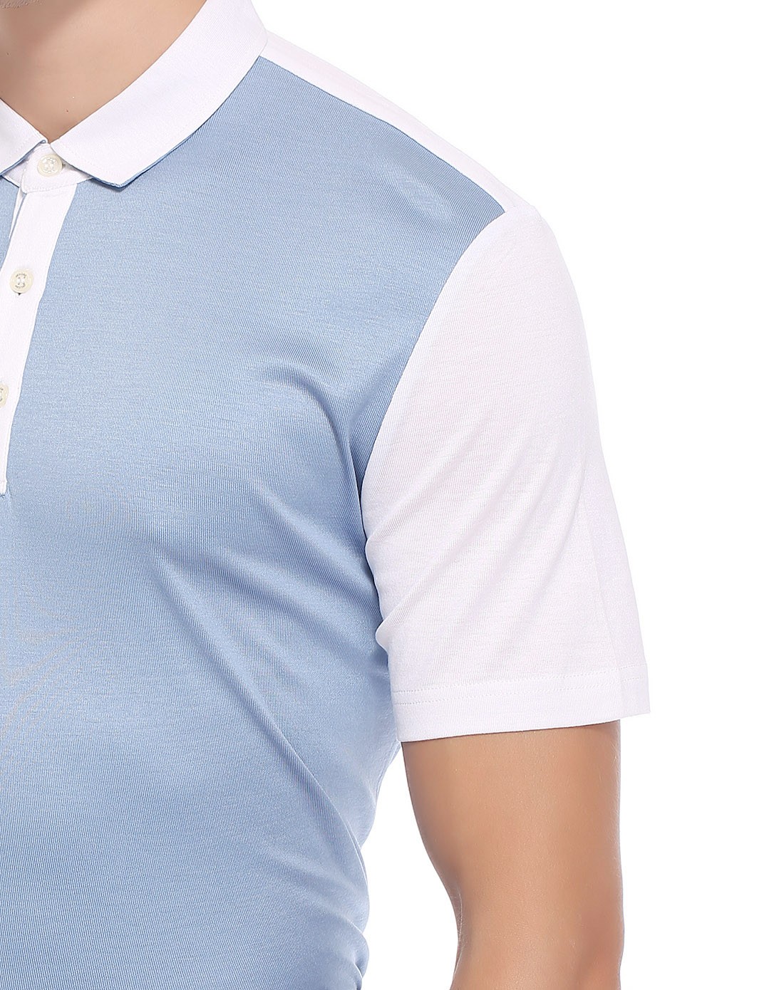 湖蓝色拼接白色低调品味天丝棉短袖t恤