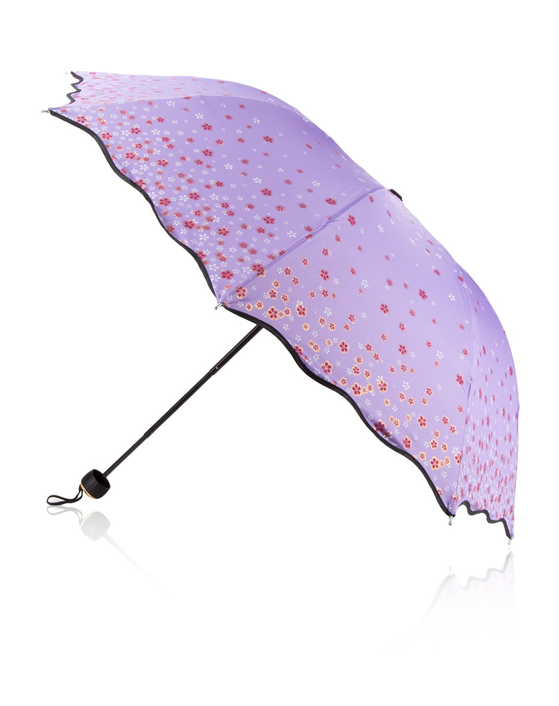 三折超强防紫外线黑涤彩胶小花晴雨伞-紫色