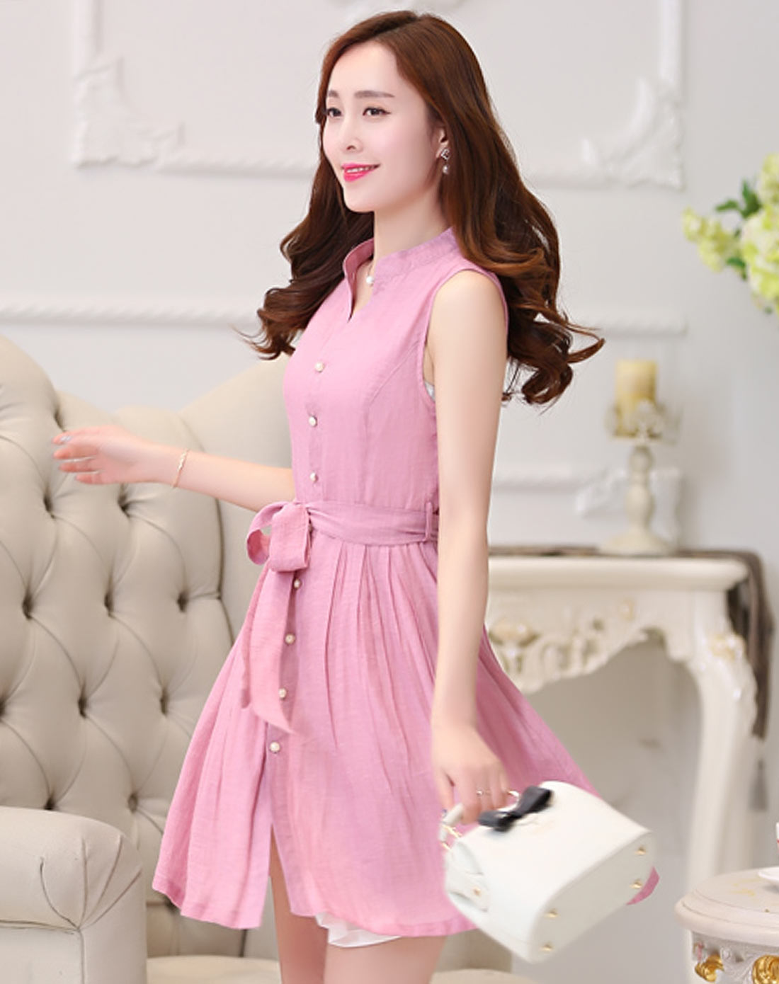 女粉色单排扣无袖衬衫连衣裙(配腰带)