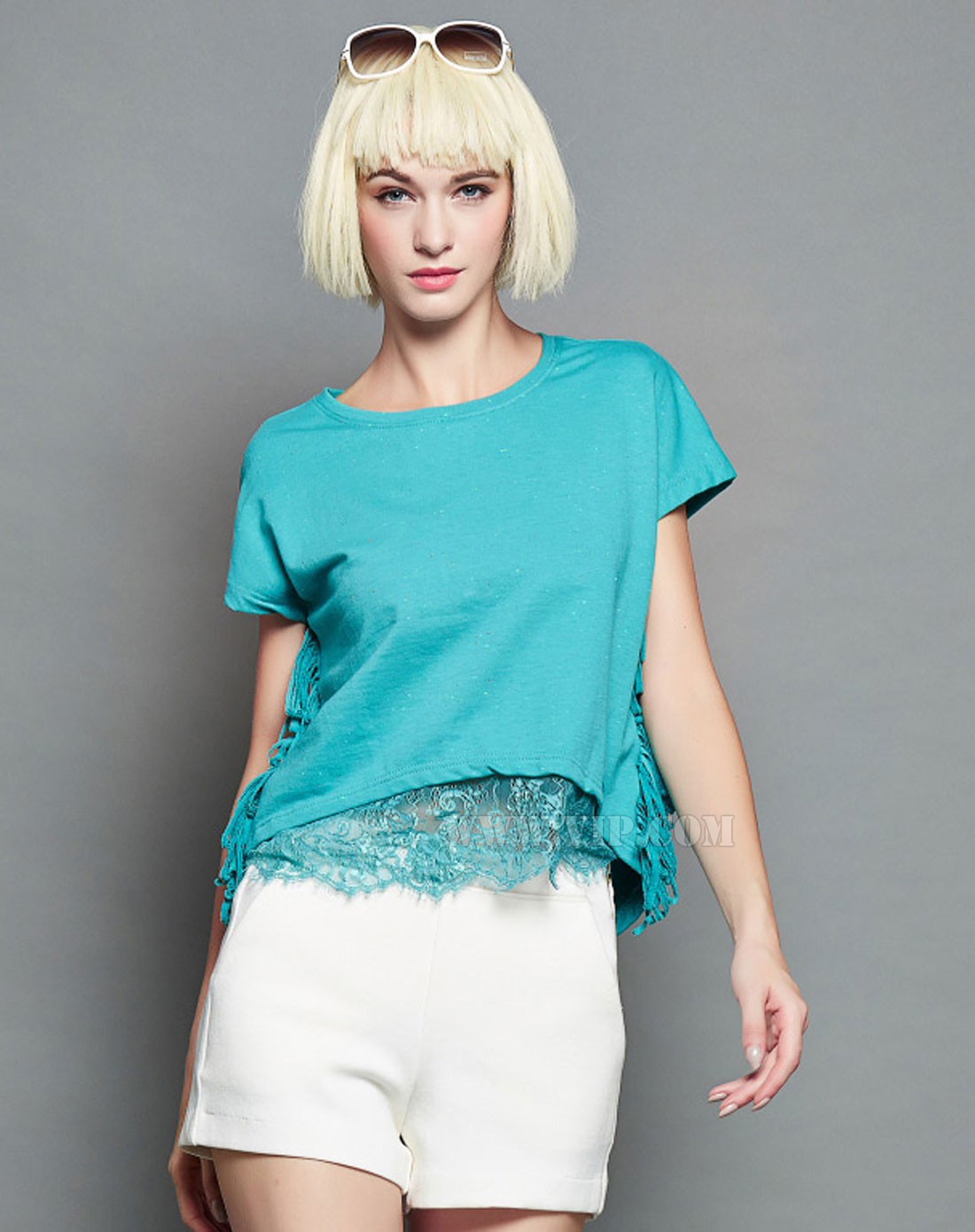 > 湖水绿色个性时尚流苏短袖上衣