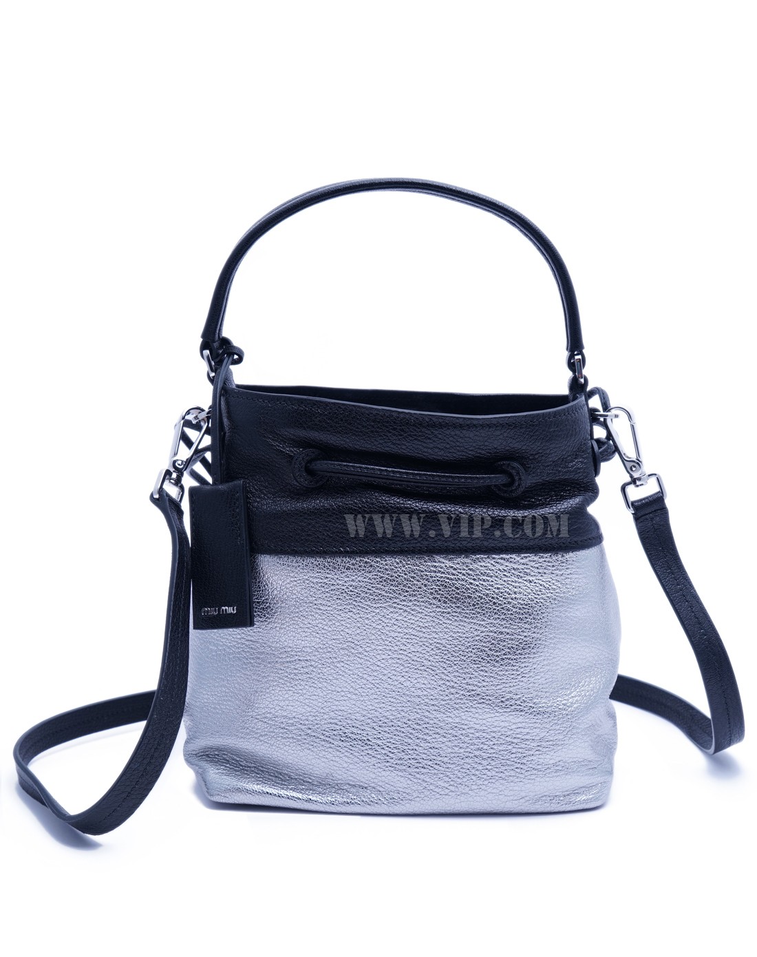 女士银黑拼接中号水桶单肩包