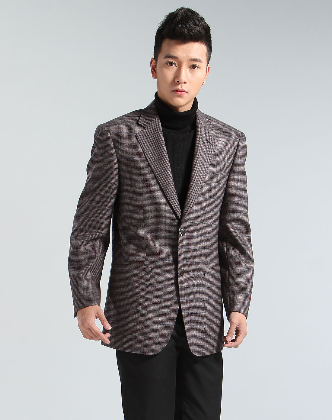 灰棕色格纹长袖西装外套