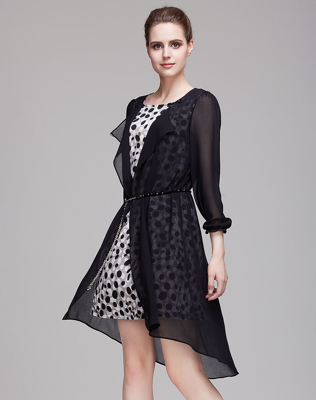 style黑色雪纺圆领长袖时尚简约连衣裙tn62576b-88_唯品会