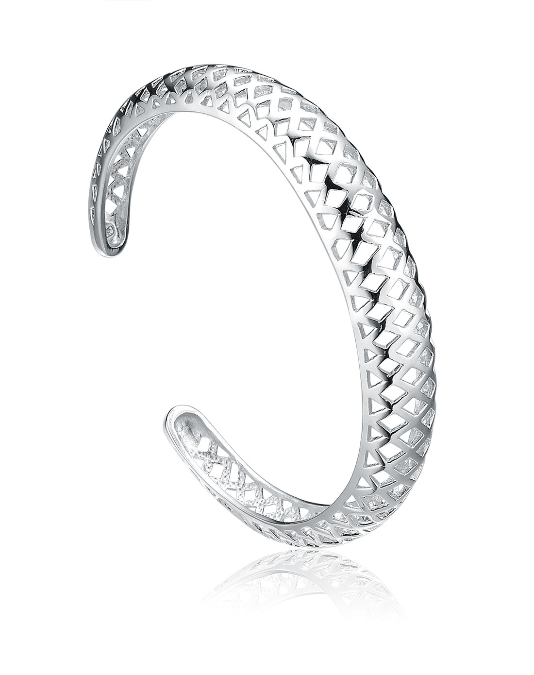 s925银镀白金镂空时尚菱形格纹手镯