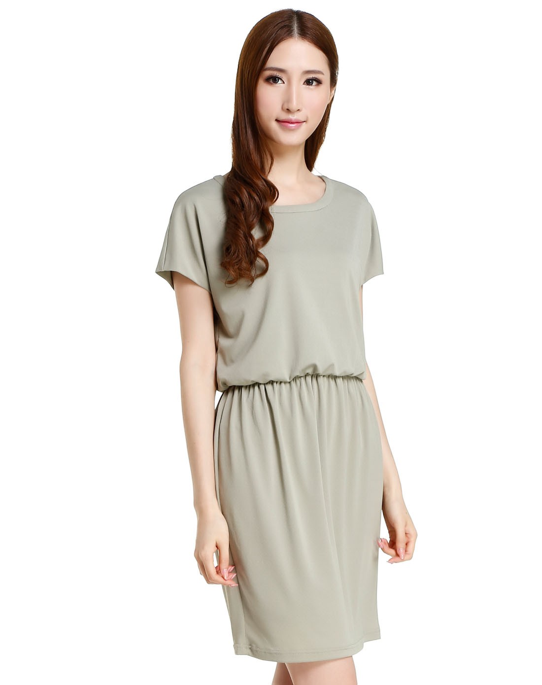 灰绿色修身简洁短袖连衣裙
