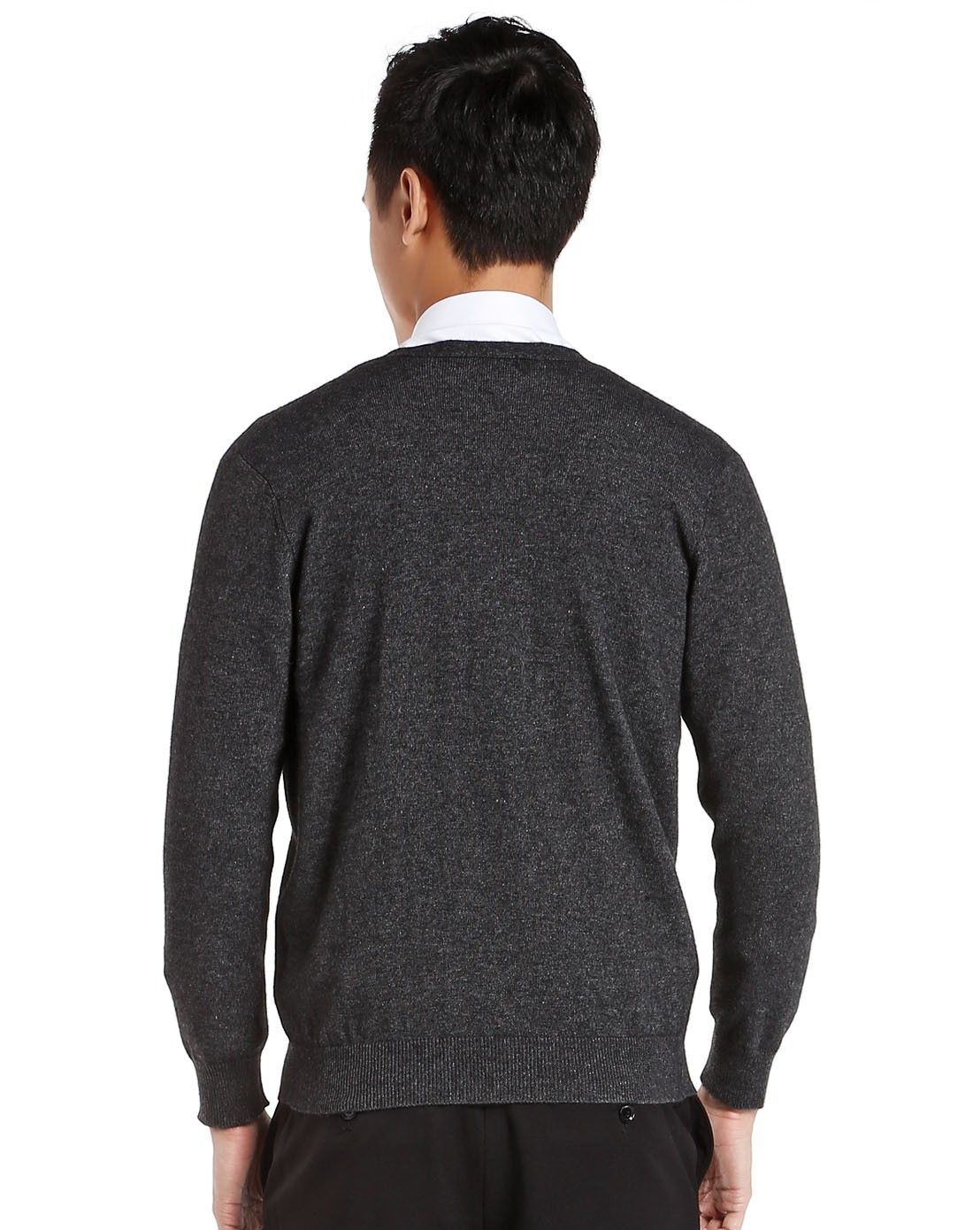 男士黑灰色羊绒经典男v领开衫羊绒衫