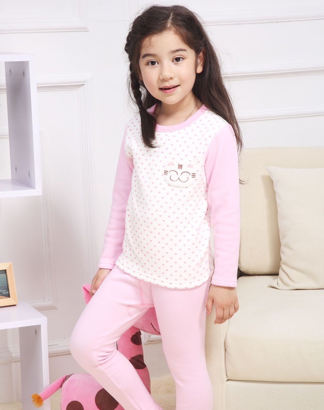 南极人njr儿童内衣专场女童粉红拉绒加厚保暖内衣套装n124t8270208