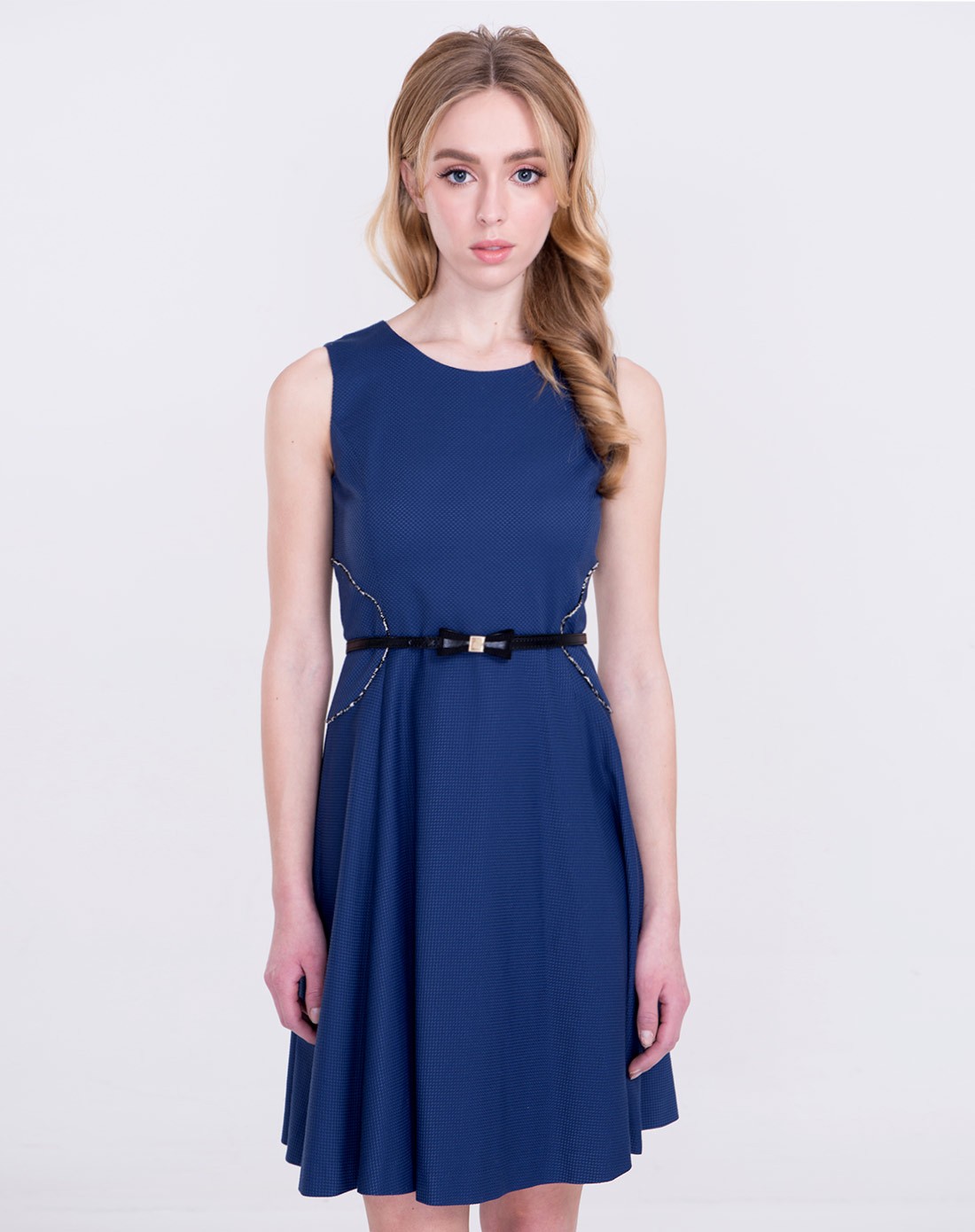 蓝黑色暗纹收腰大摆公主连衣裙