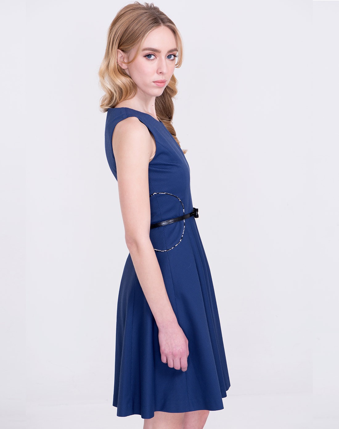 蓝黑色暗纹收腰大摆公主连衣裙