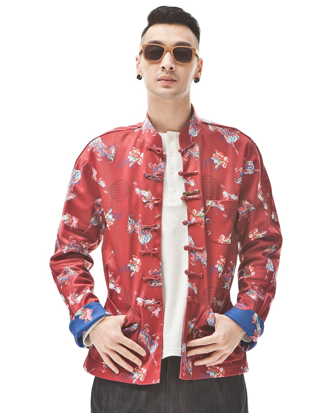 花笙记旗下品牌男装专场 > 花笙记男款红色中国风开襟长袖外套