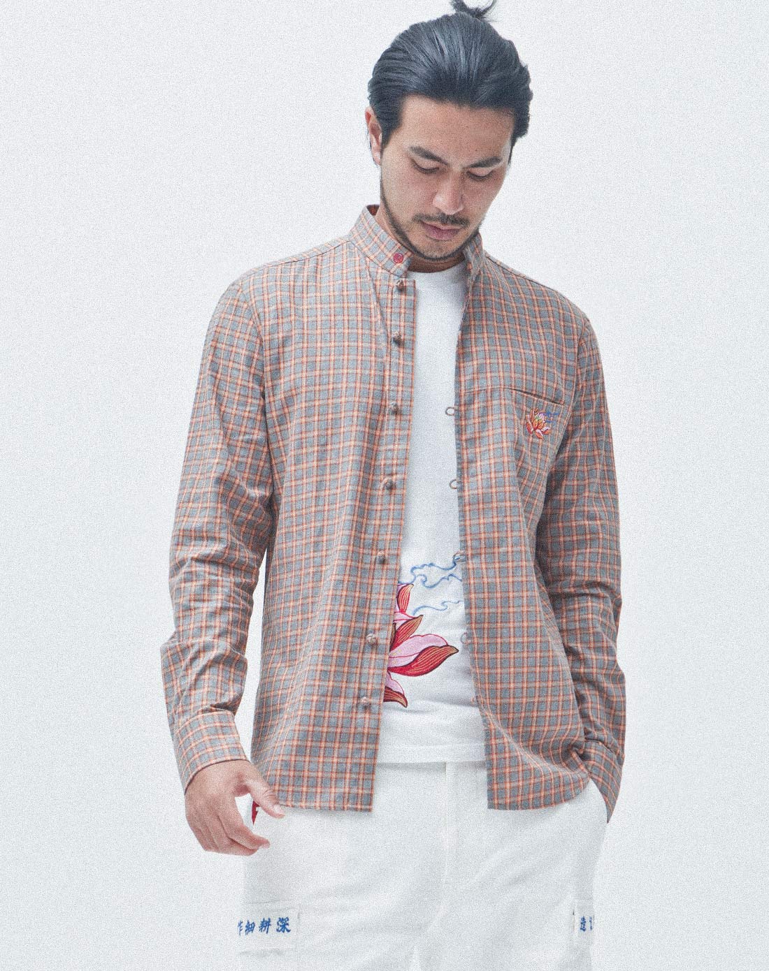 花笙记旗下品牌男装专场 > 花笙记男款灰/橘色个性格纹长袖衬衫