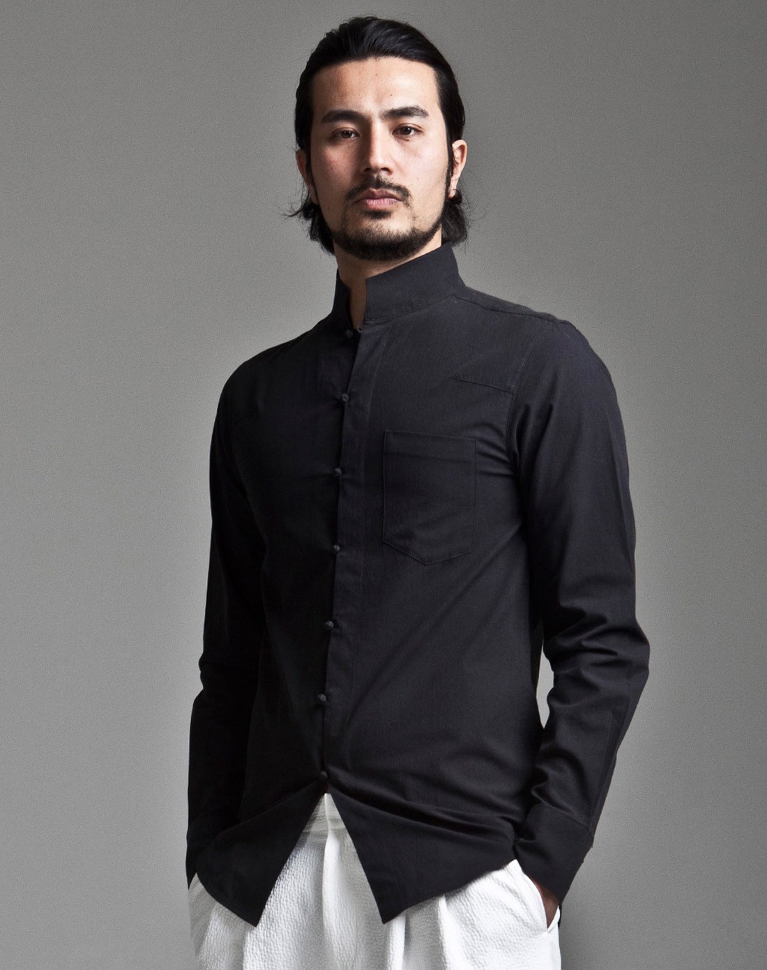 花笙记旗下品牌男装专场 > 花笙记男款黑色休闲单袋长袖衬衫