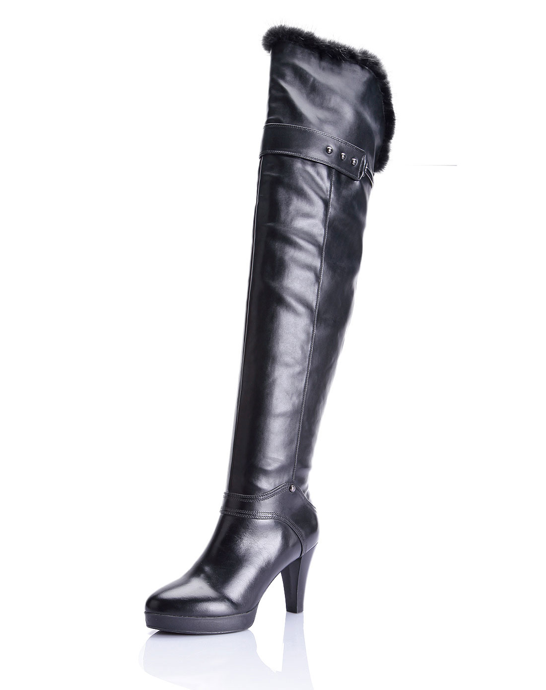 黑色貂毛靴口牛皮配进口超纤时尚过膝高靴