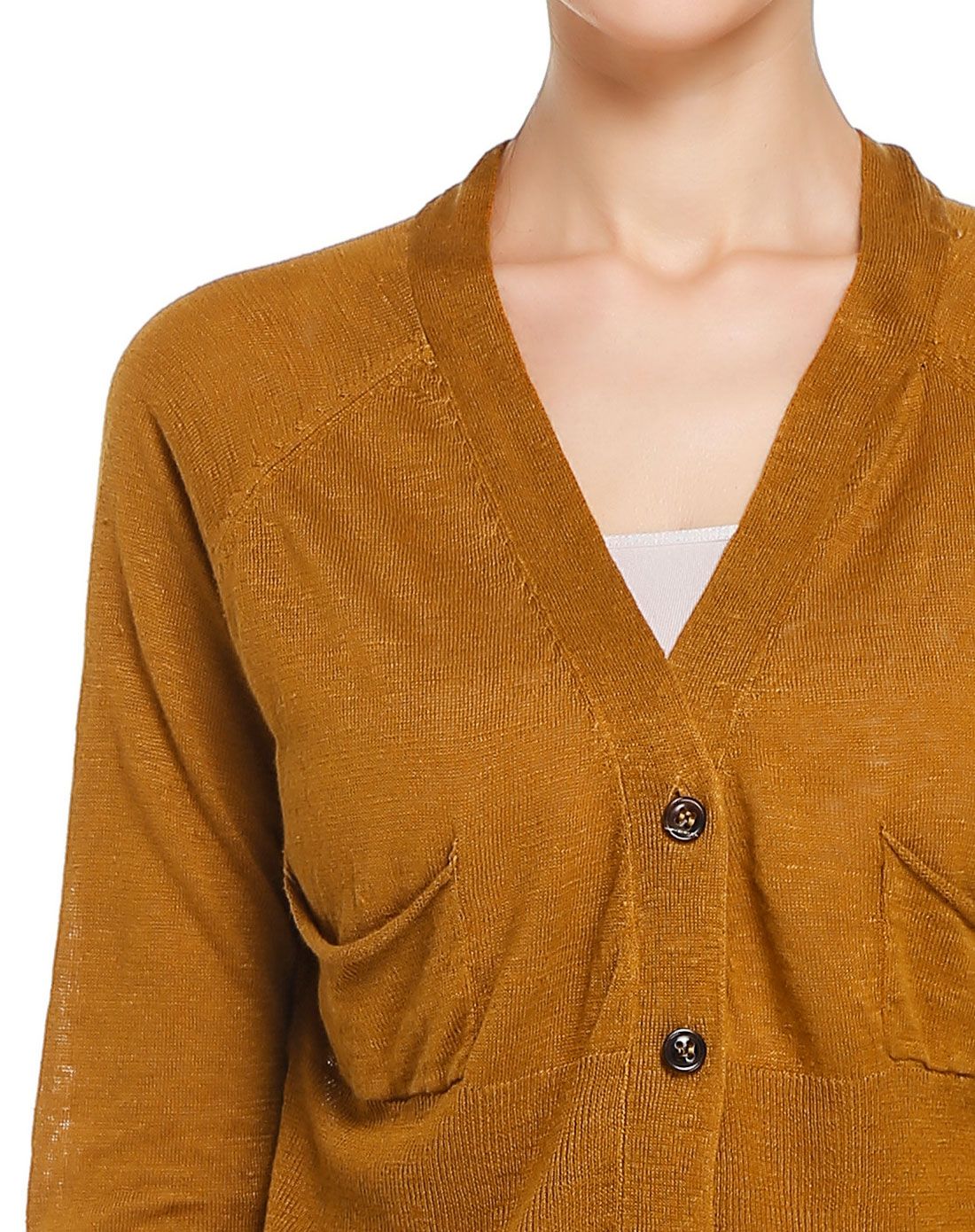 深土黄色简洁基本款开襟针织衫