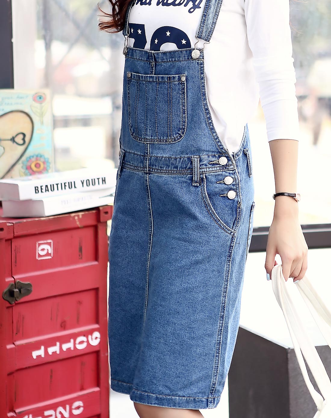 蓝色 女款吊带牛仔裙