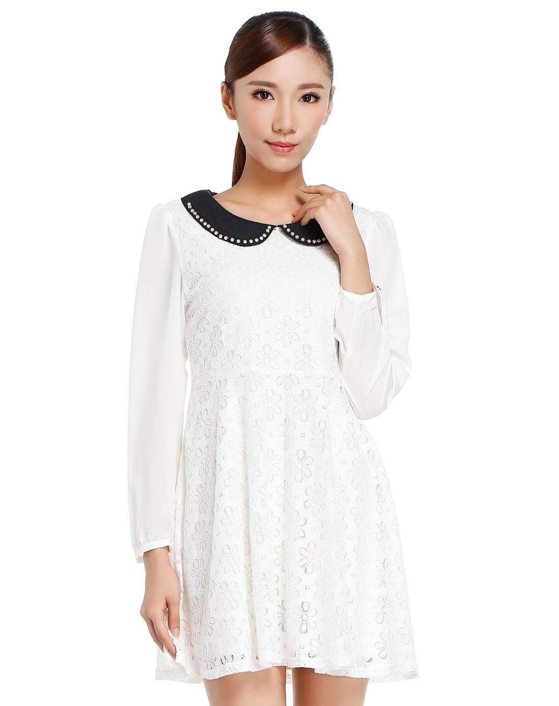 白色淑女优雅长袖连衣裙
