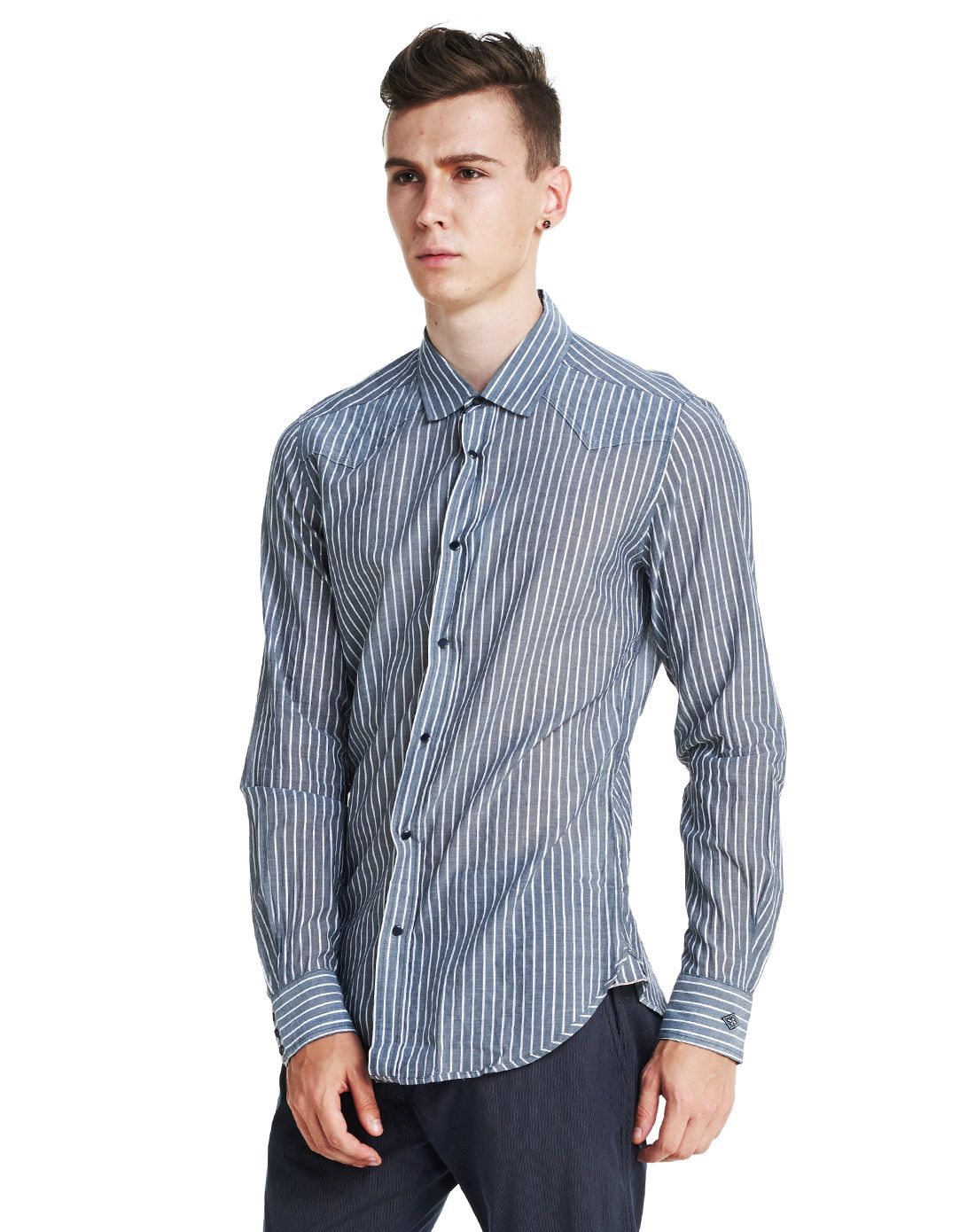 男款蓝灰色竖条纹长袖衬衫