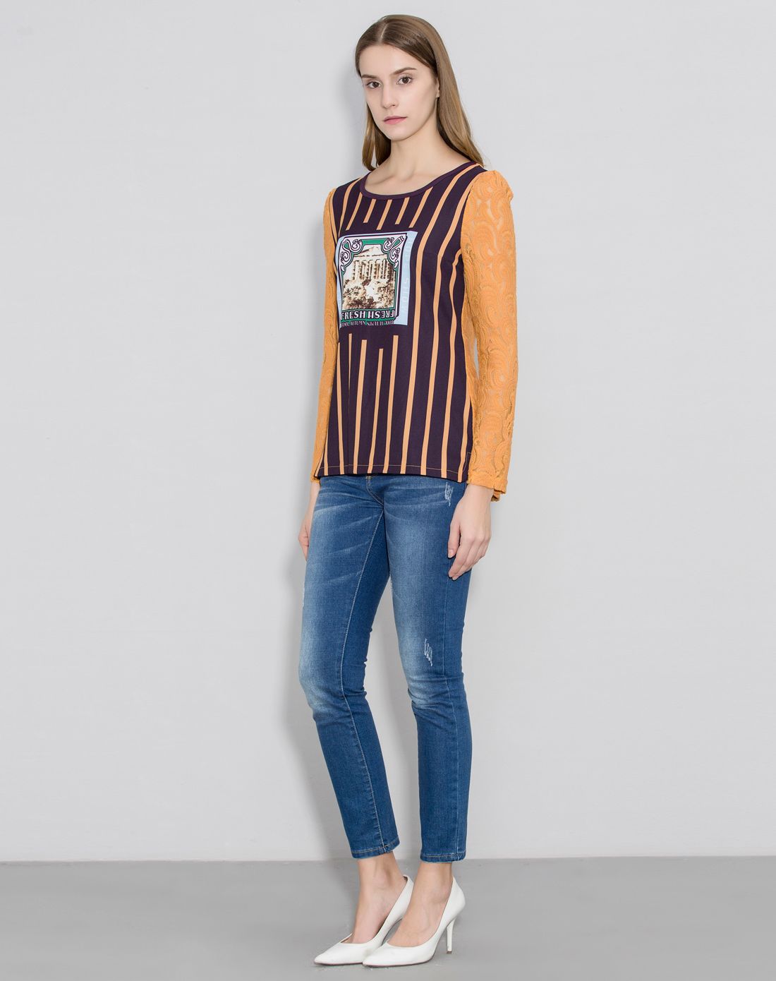 红袖hopeshow菊黄色雪纺印花蕾丝拼接长袖t恤h9061743菊黄色_唯品会