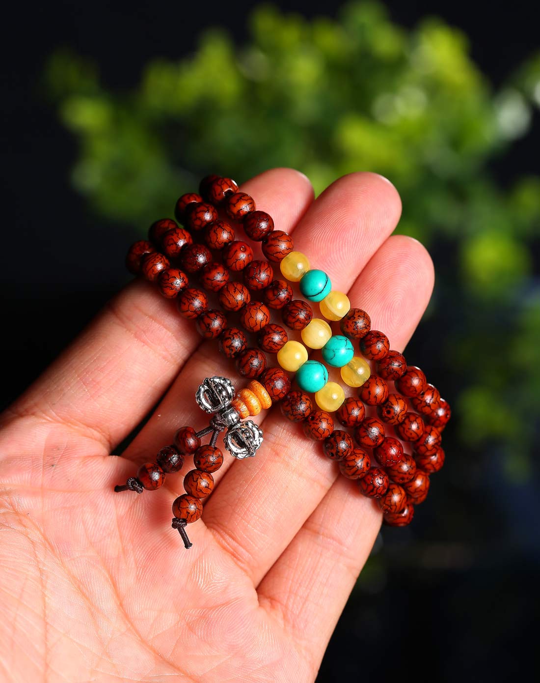 印尼血丝金线菩提子加松石手链108颗 红棕色