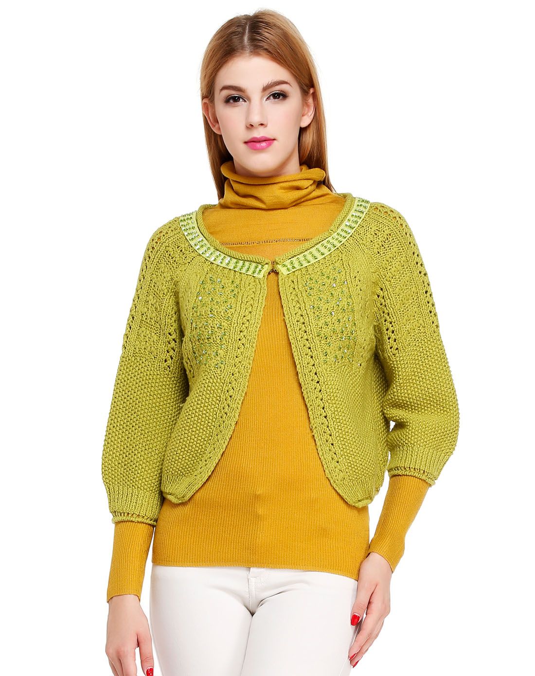 bernis绿色淑女斯文钉珠100%羊毛开襟针织衫