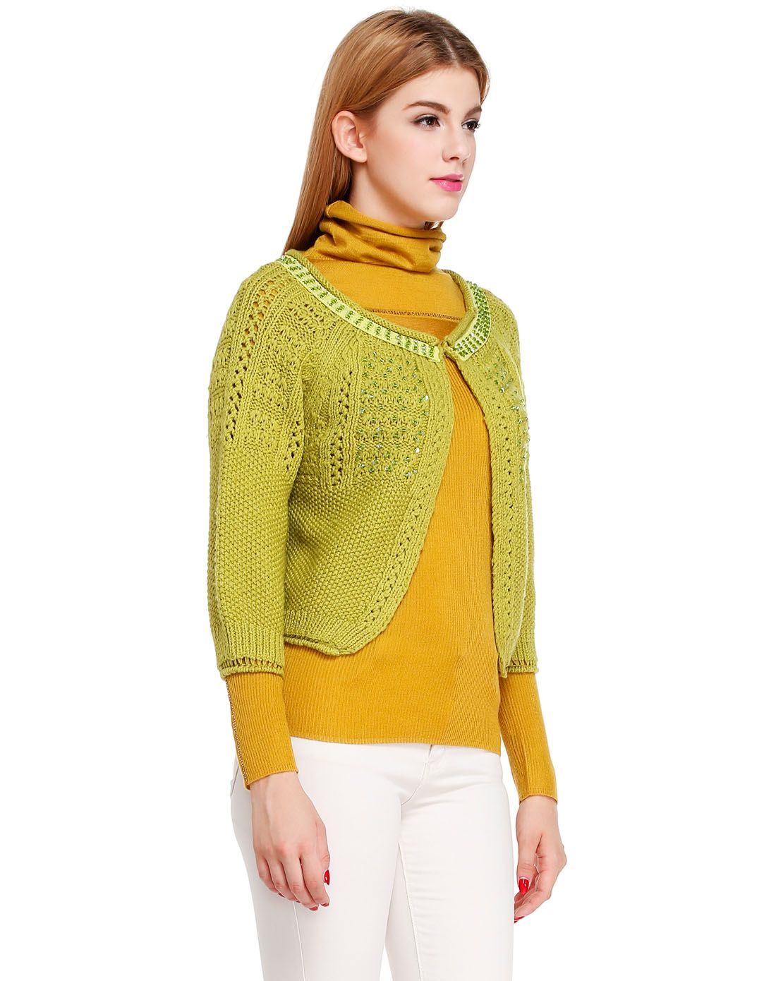 bernis绿色淑女斯文钉珠100%羊毛开襟针织衫