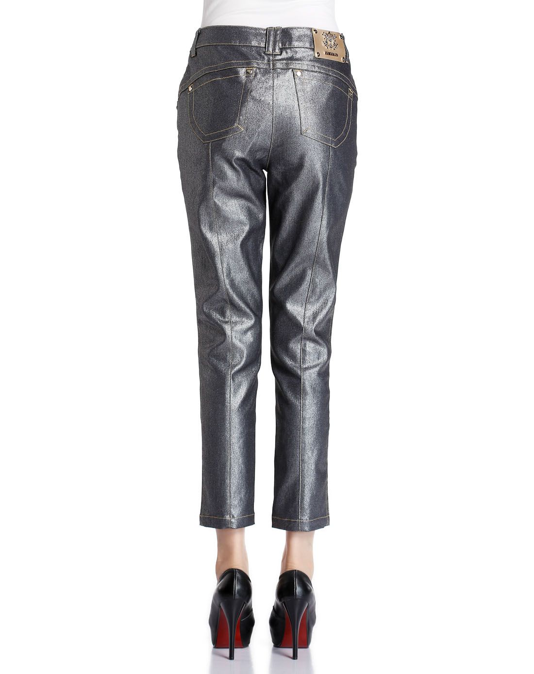 深银灰色个性车线中腰牛仔长裤