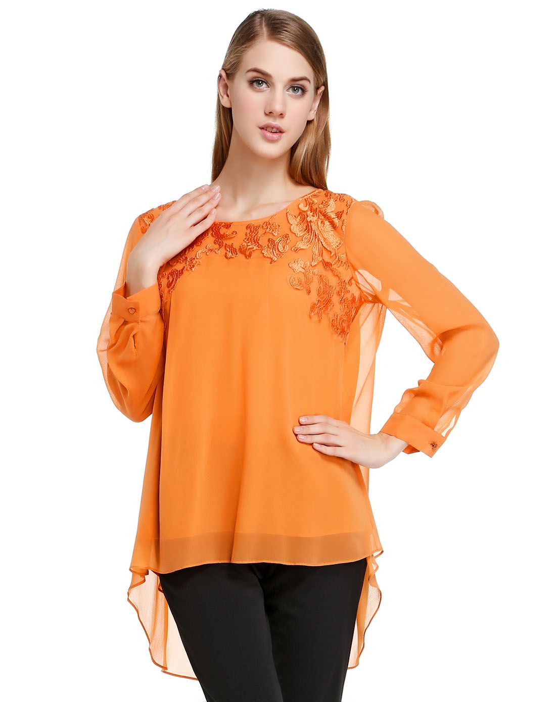 雅莹ep浅橙色简约刺绣上衣