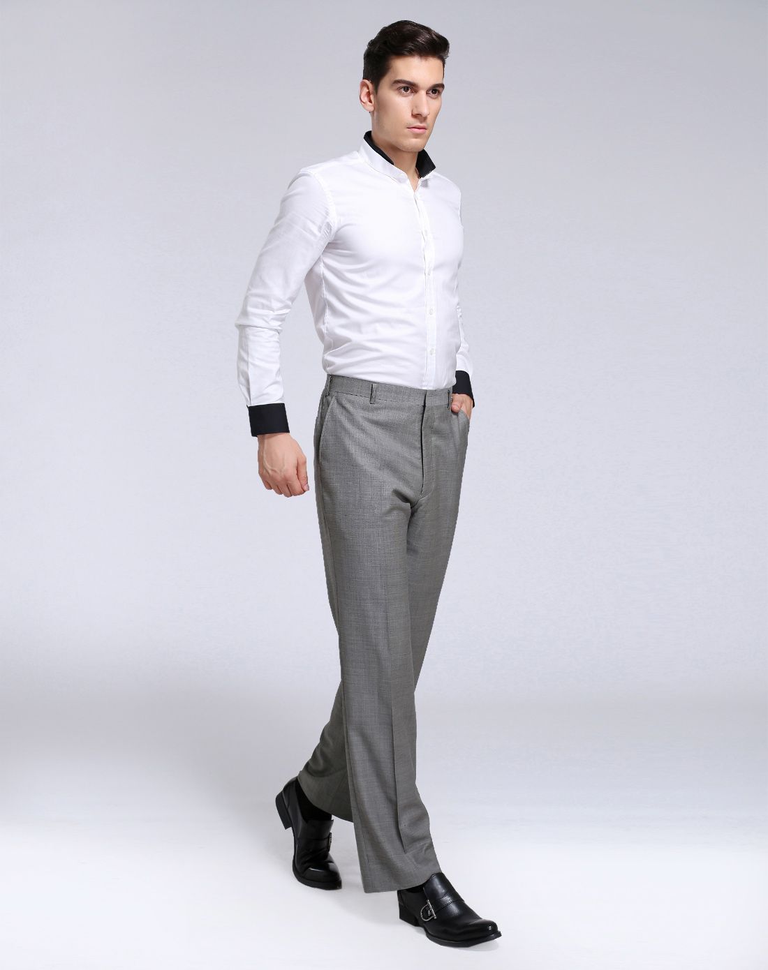 灰色细格透气舒适薄款商务西裤