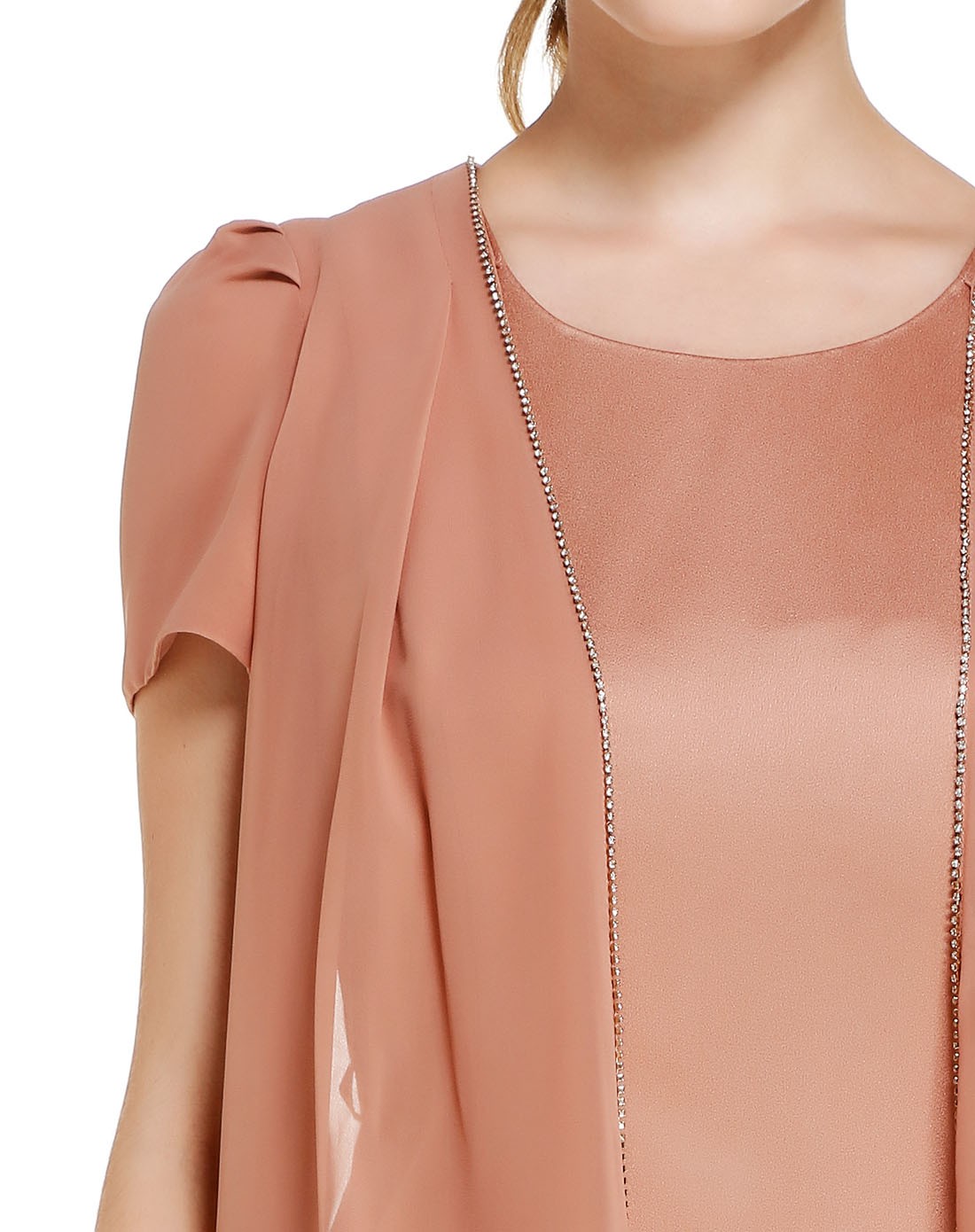 深藕粉色优雅假两件镶钻短袖连衣裙