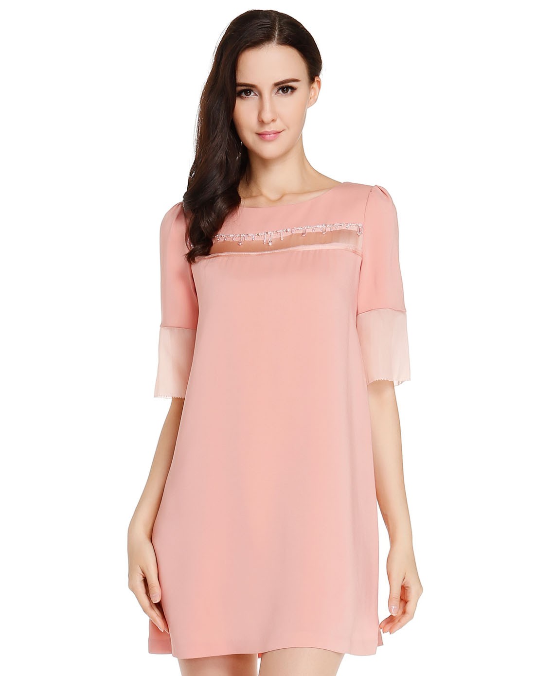 雾道浅粉红色个性百搭连衣裙