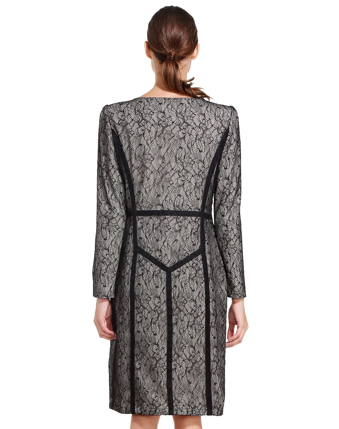 滕氏tengs黑/杏色淑女蕾丝长袖连衣裙