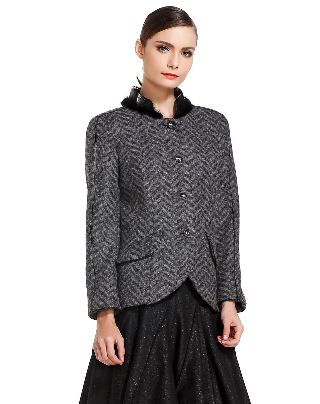 滕氏tengs灰色成熟大方印纹长袖毛呢外套