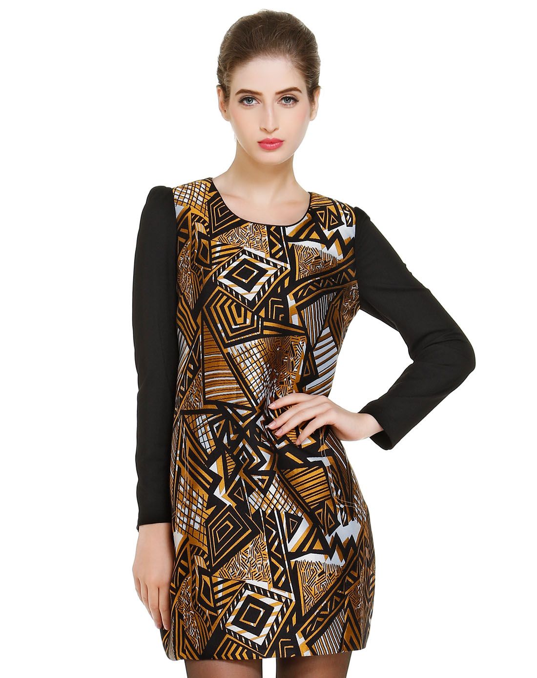 丹尼爱特daniel hechter女装专场 黑/姜黄色修身优雅长袖连衣裙