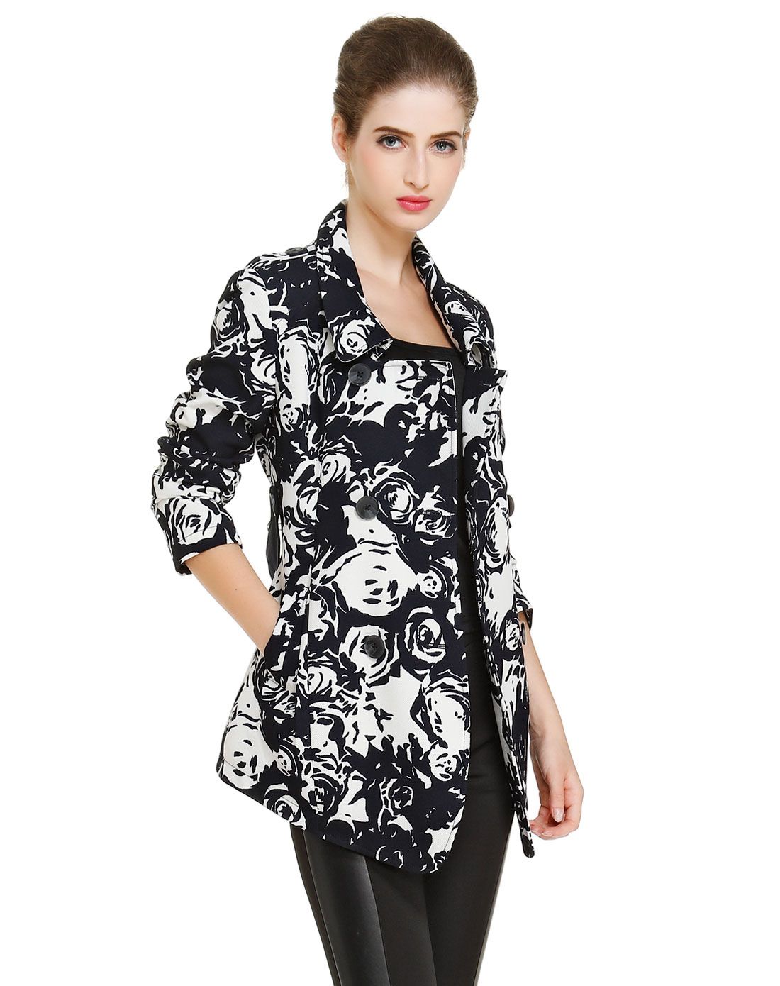 丹尼爱特daniel hechter女装专场 深蓝/白色印花成熟长袖外套